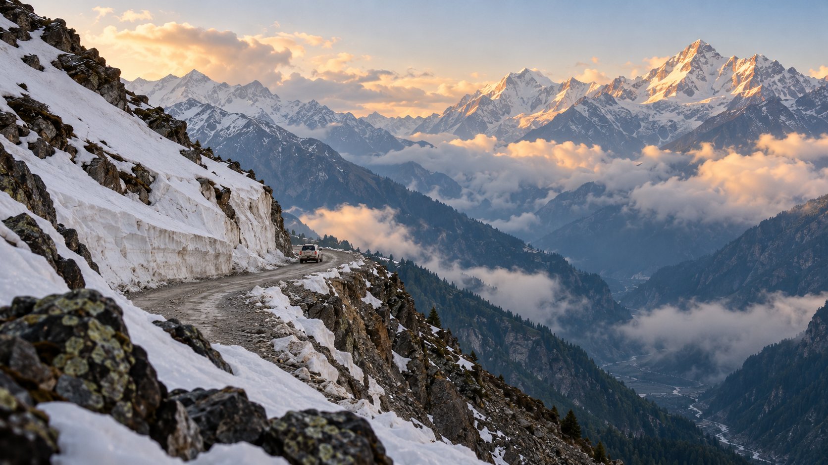 A mountain road across a high pass with old snow