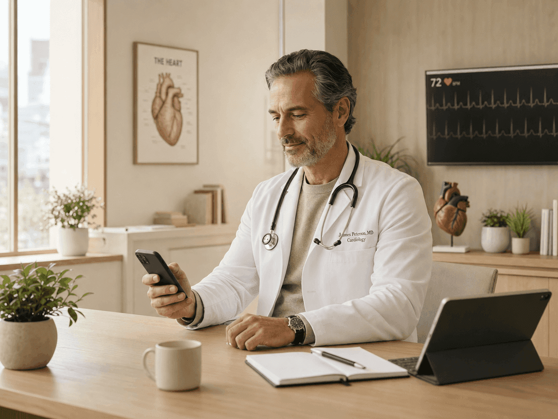 cardiologist reviewing patient communications while sitting at his desk