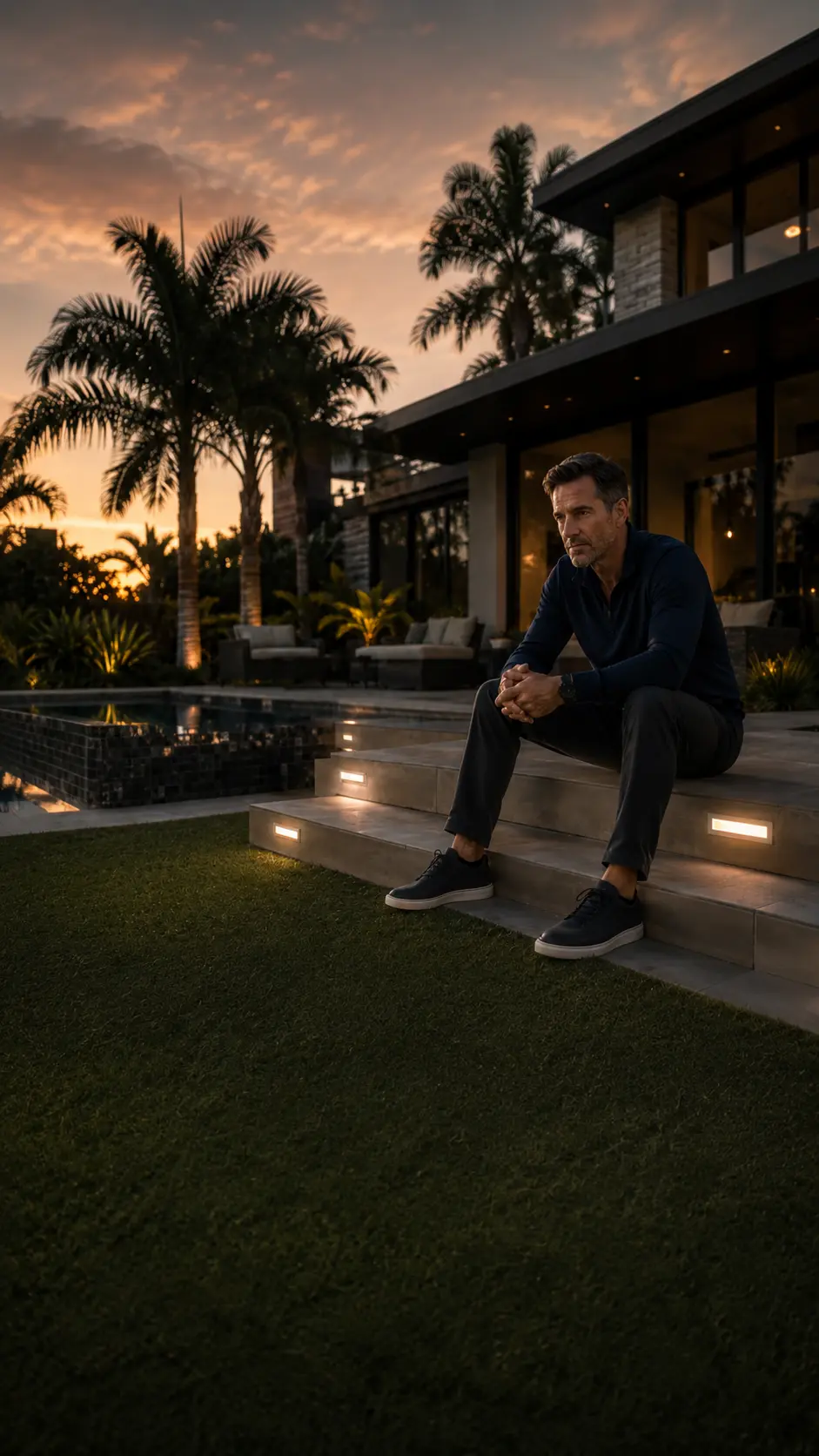 Man sitting outdoors on a lawn by a modern home at dusk
