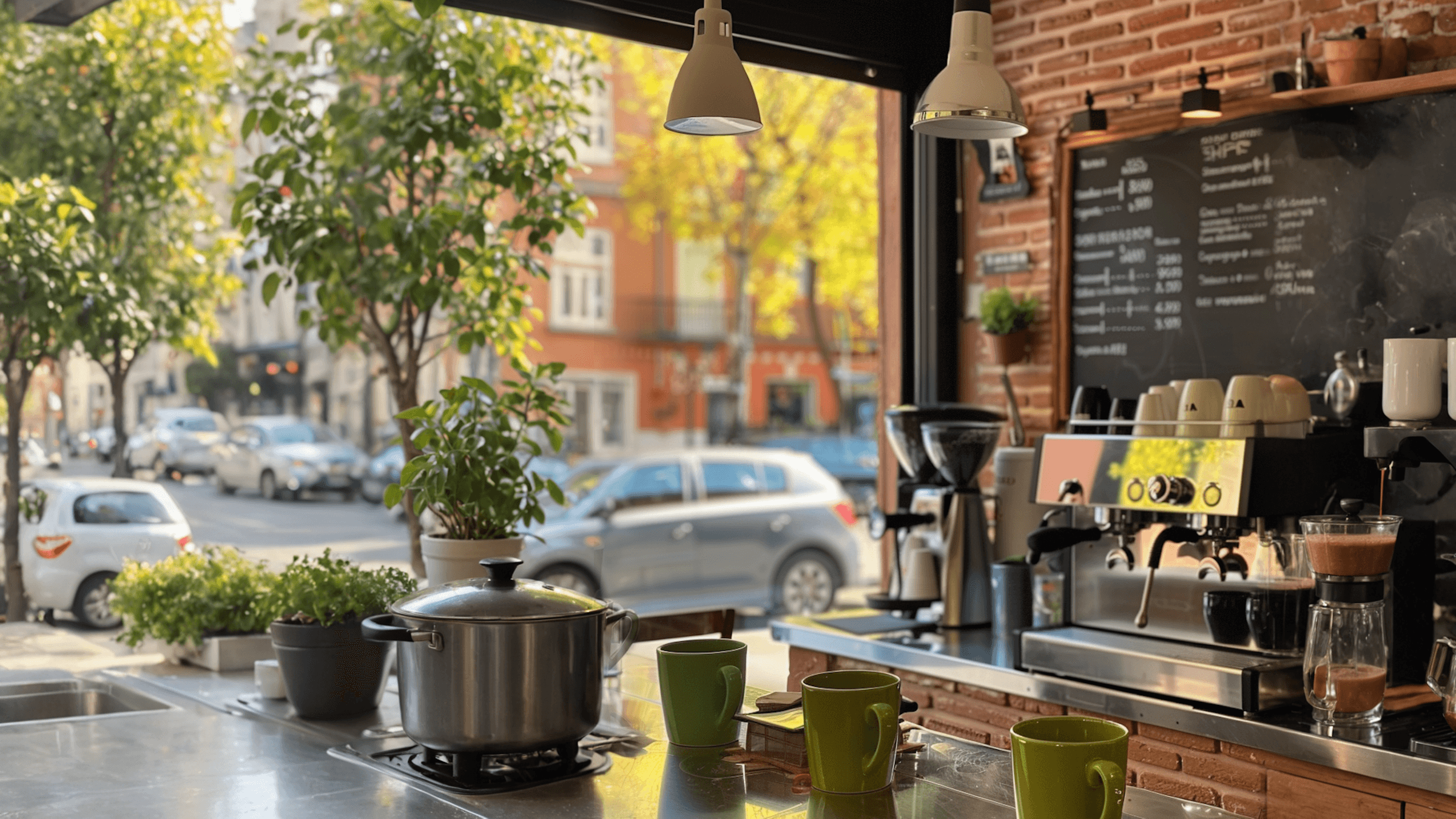 A cozy café scene with plants, warm lighting, and a view of a sunlit street outside.