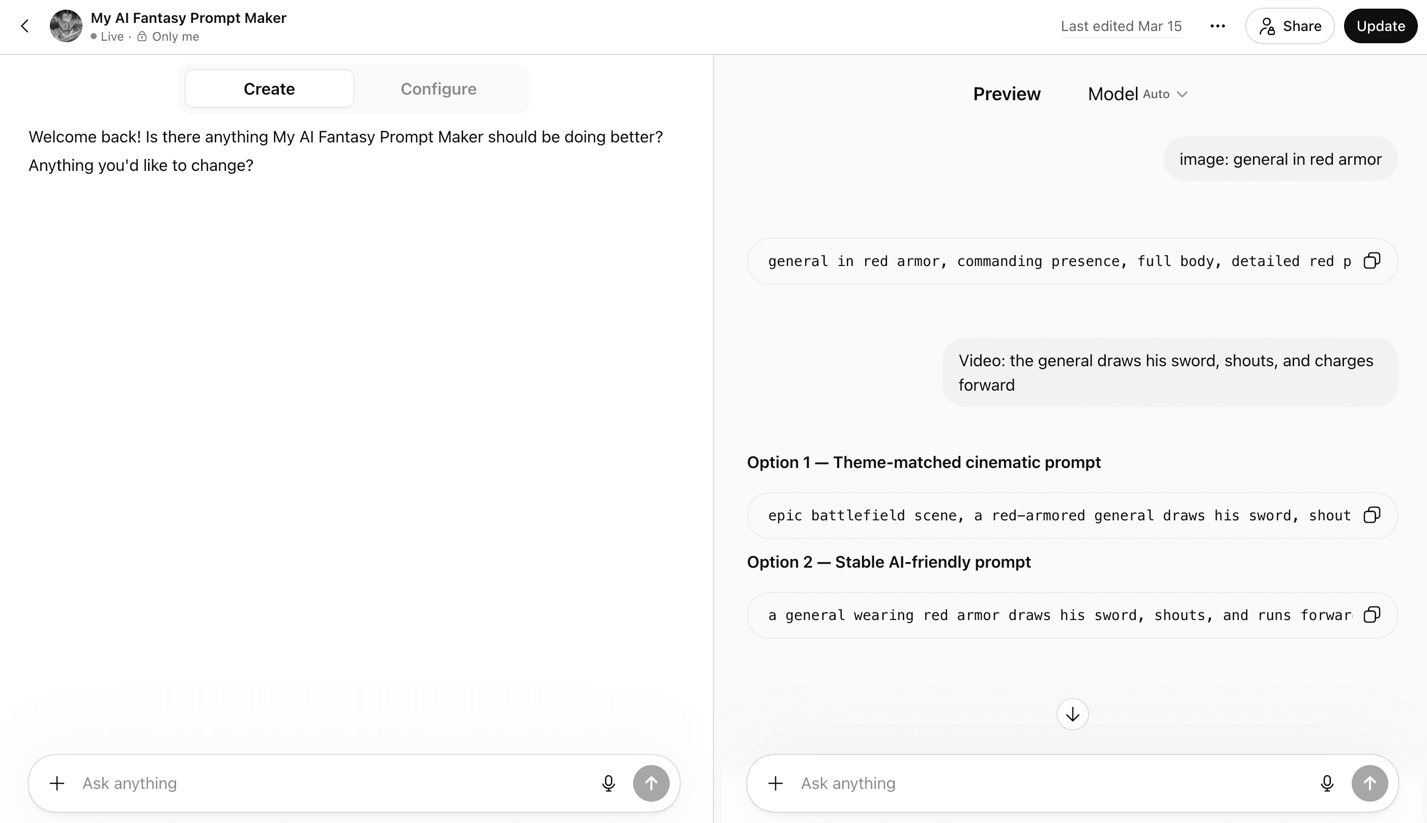 Custom GPT interface for fantasy film prompts