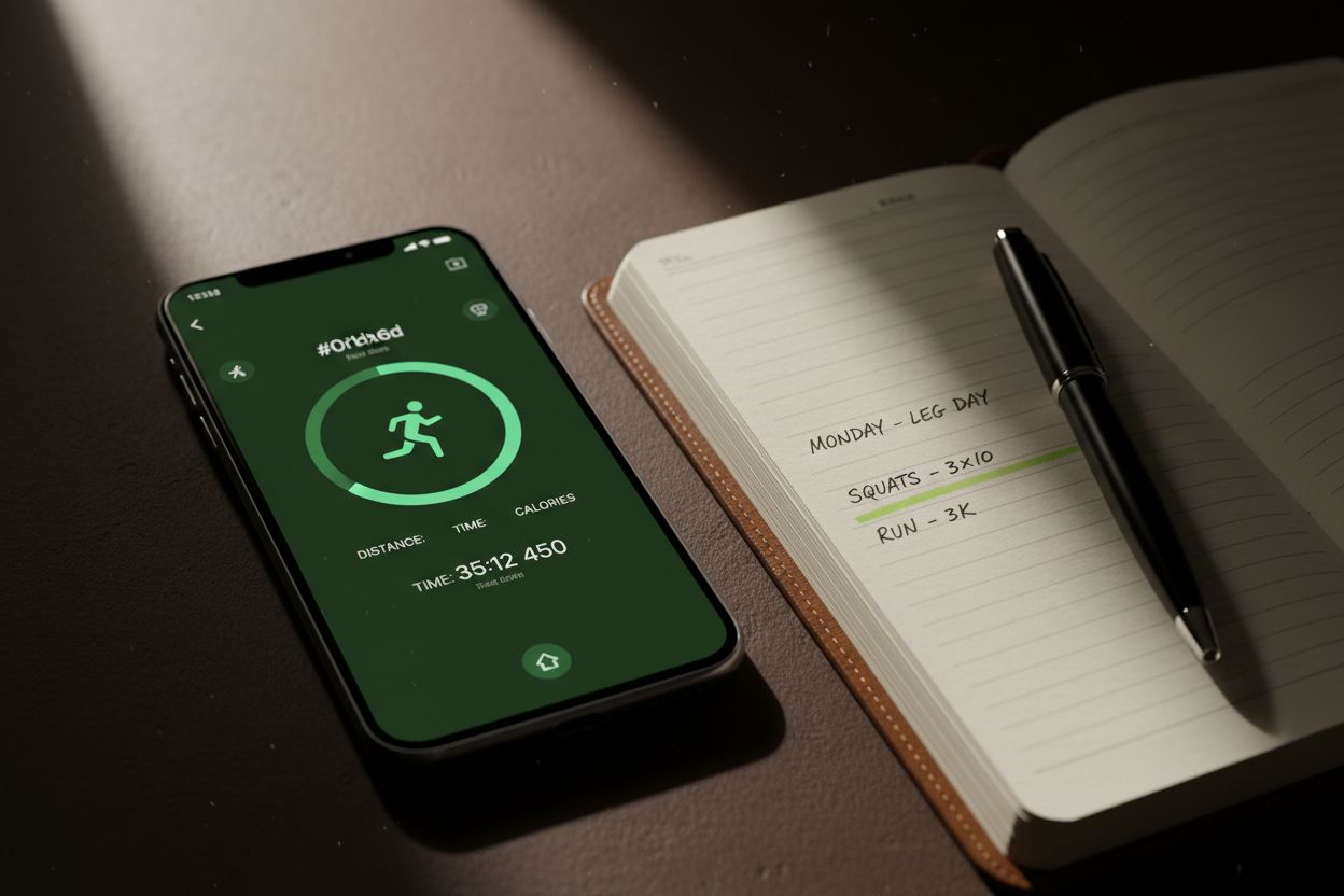 Phone showing workout tracker app next to notebook