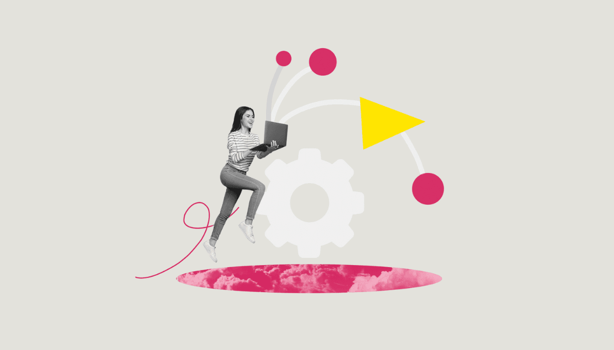 Stylized collage of a person holding a laptop, floating above abstract shapes and gears, symbolizing playful Git learning and practice.