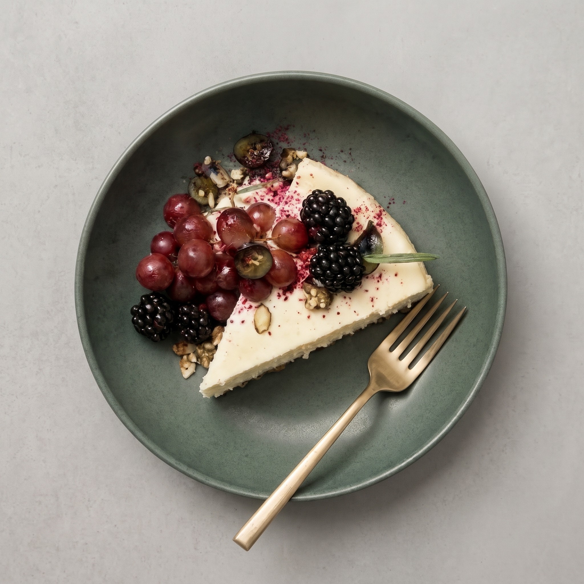 Slice of cheesecake with grapes and blackberries on a green plate