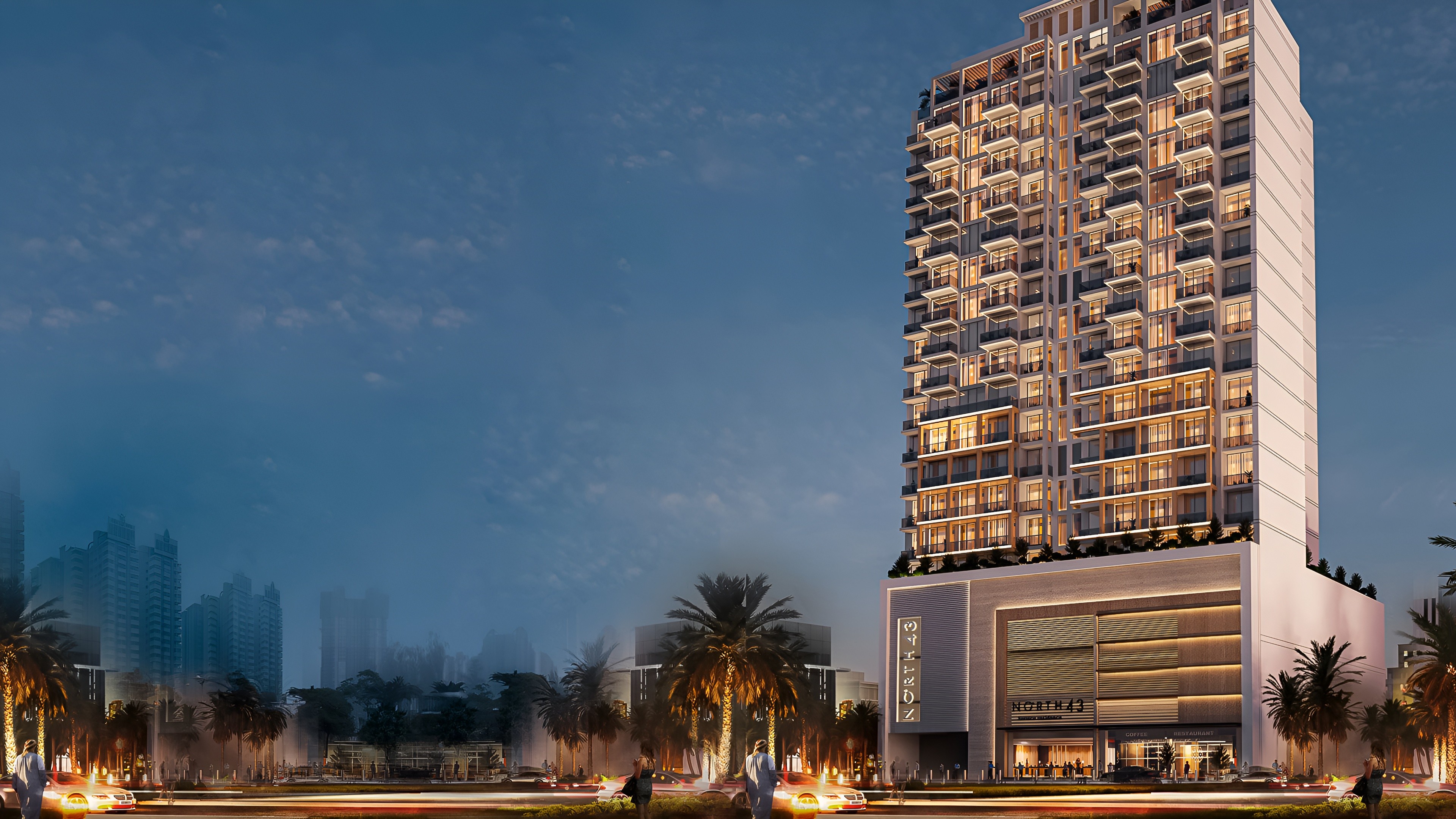 A modern building rendering with a car driving past, labeled "North 43" in the foreground.