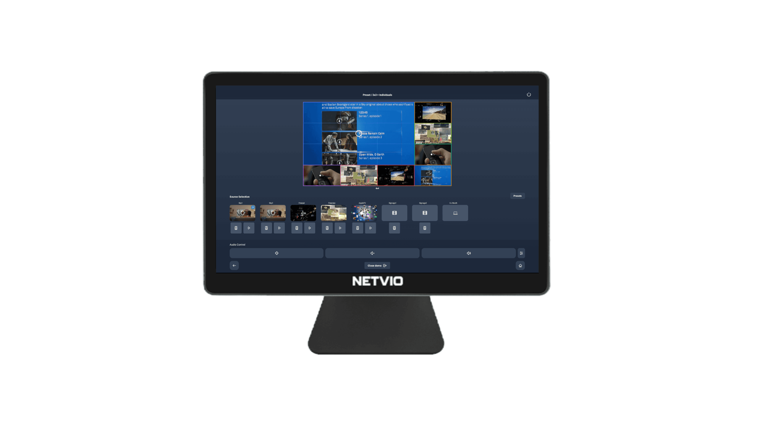 Netvio display showing video sources and controls.