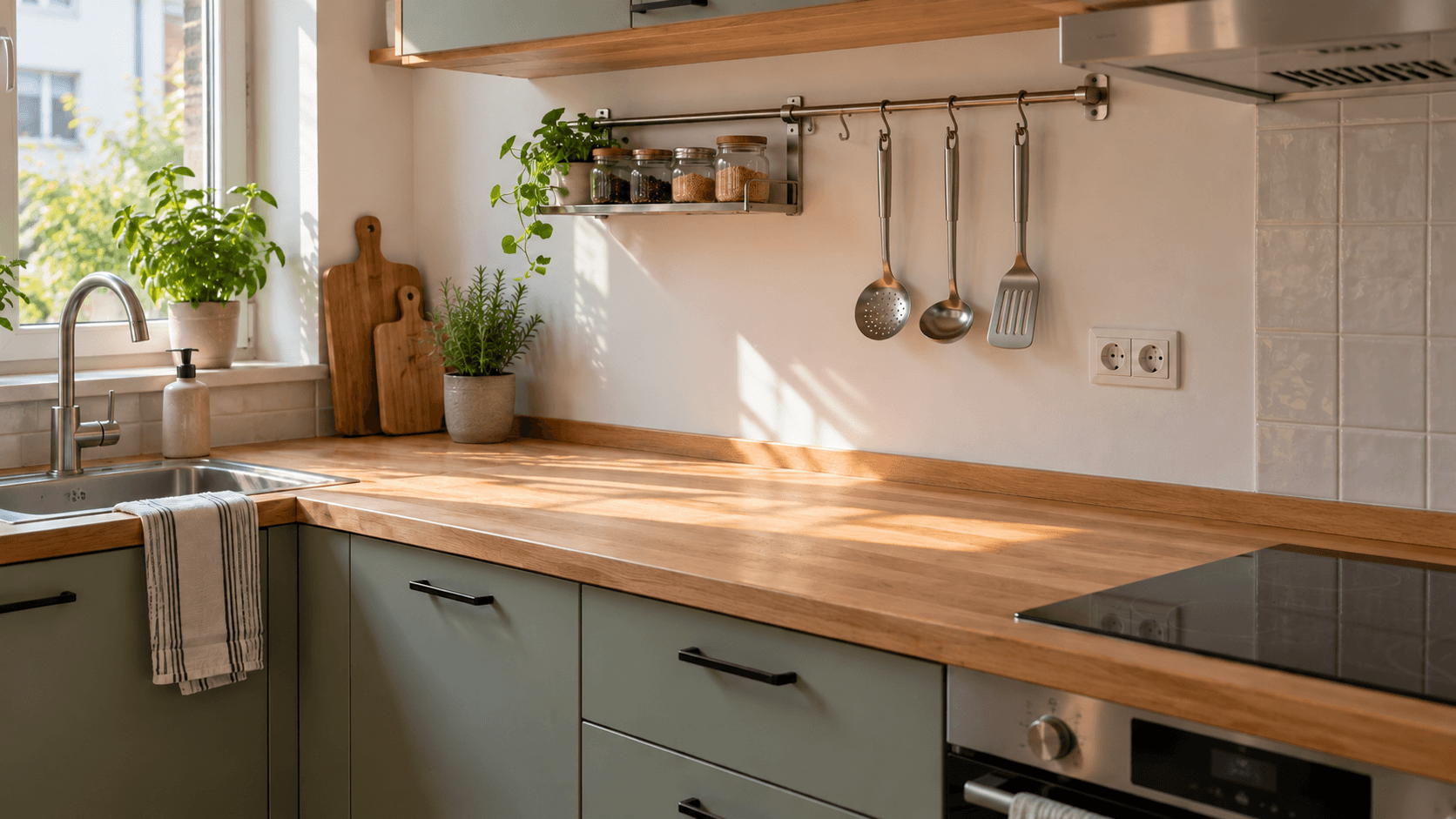 Une barre murale porte des ustensiles en inox au-dessus d’un plan de travail de cuisine dégagé.