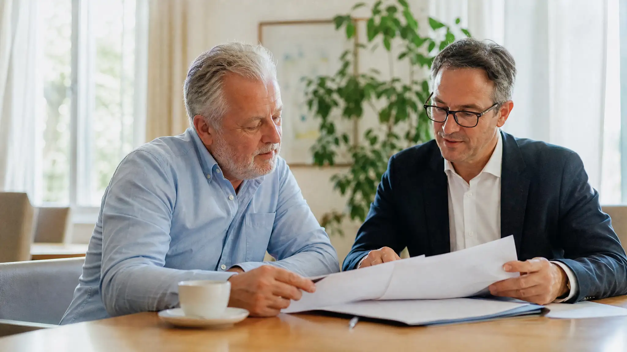 Inhaber und Berater gehen Verkaufsunterlagen gemeinsam durch