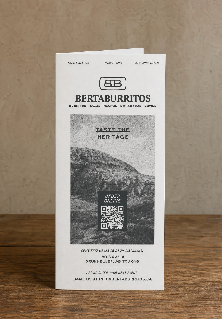 BertaBurritos branded menu featuring the restaurant logo, food photography and Drumheller imagery