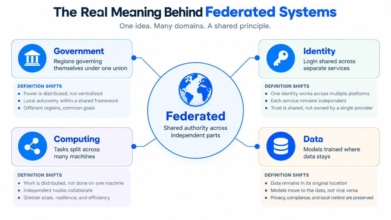 A diagram explaining the meaning of federated systems across government, identity, computing, and data domains.