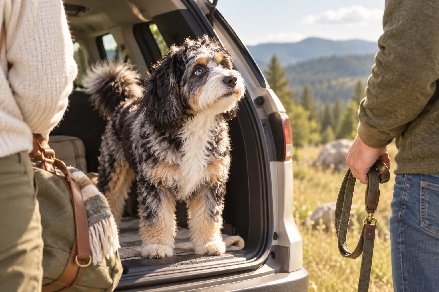 An eager Skye at the open car during a road-trip pause with partial human presence.