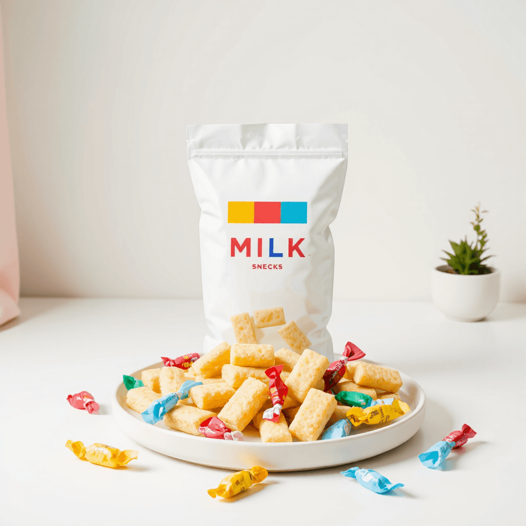 product photography of a bag of milk-flavored snacks with individual wrappers