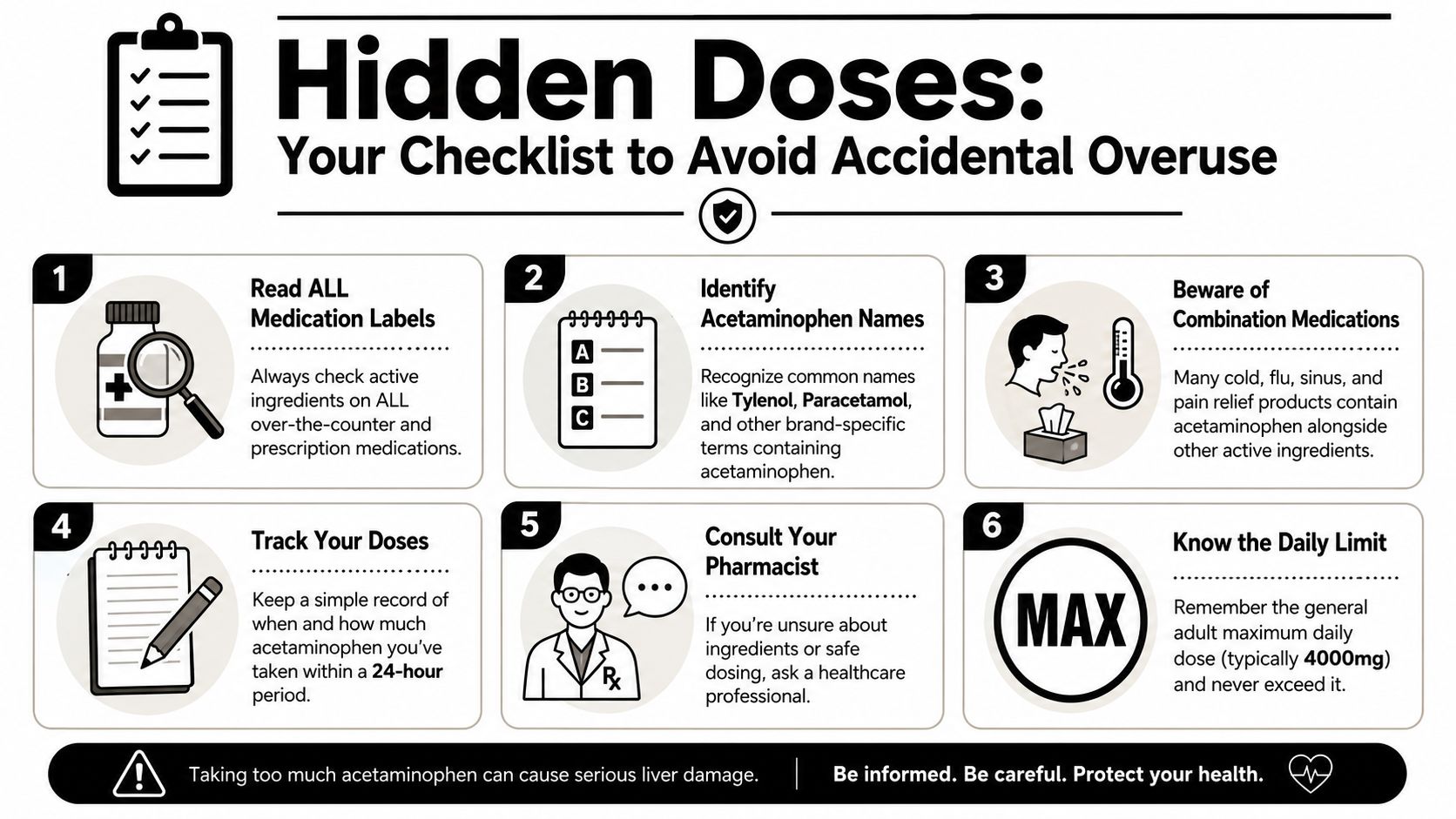 A checklist infographic illustrating six safety steps to prevent accidental acetaminophen overdose and avoid liver damage.