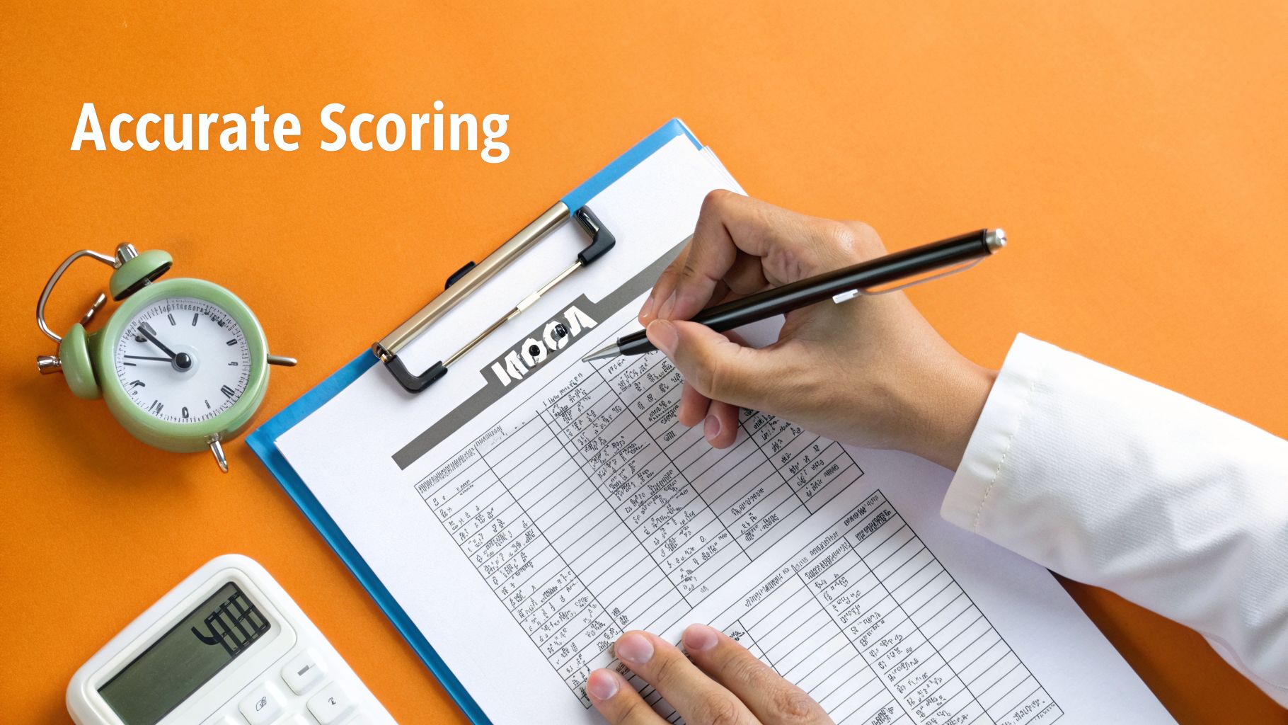 A person scoring a MOCA test on a clipboard, with a calculator and alarm clock on an orange desk.