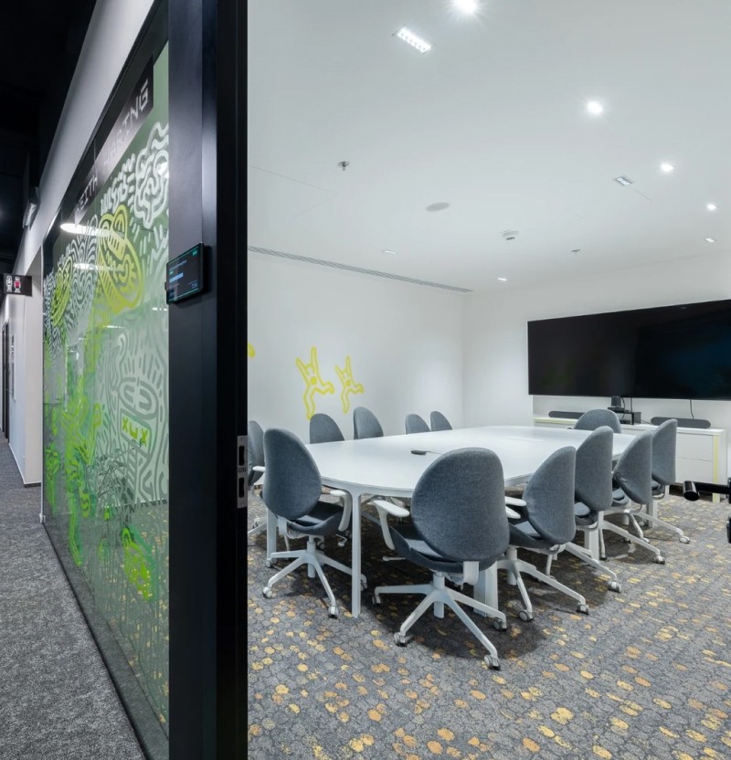 Office interior with big conference room and TV