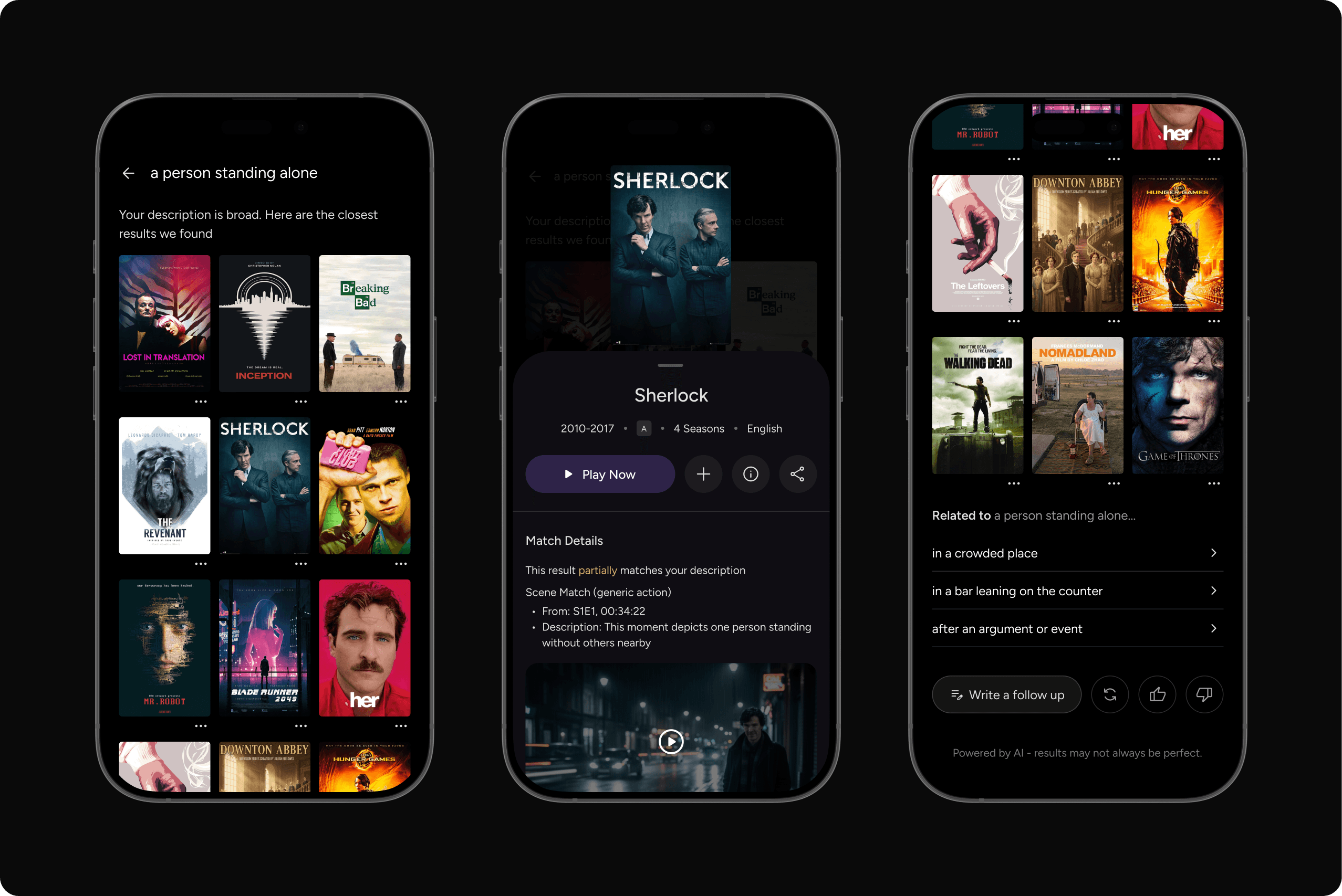 Three mobile screens showing AI-powered search results for “a person standing alone,” including broad matches, a detailed scene explanation with timestamp, and refinement suggestions with follow-up options