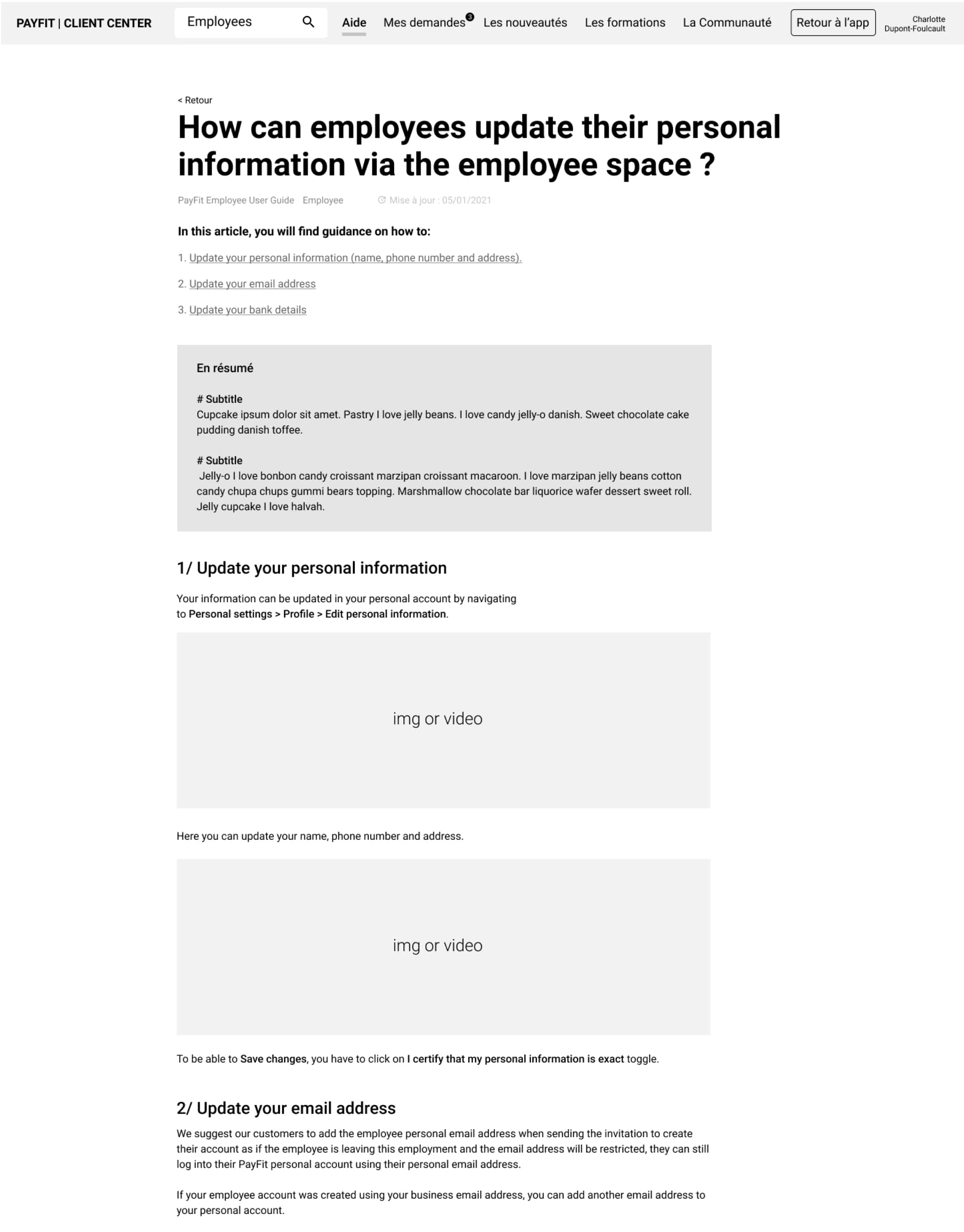 Wireframes mid-fidelity du help center PayFit — homepage générique, homepage contextuelle par pays, et page article, réalisés pour tester les parcours utilisateurs internes et clients.