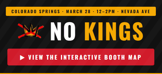 Credit: Trish Kantor. A protester with a backpack and American flag stands in front of a crowd.