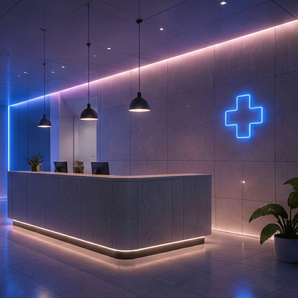 Modern medical clinic reception with blue neon medical cross