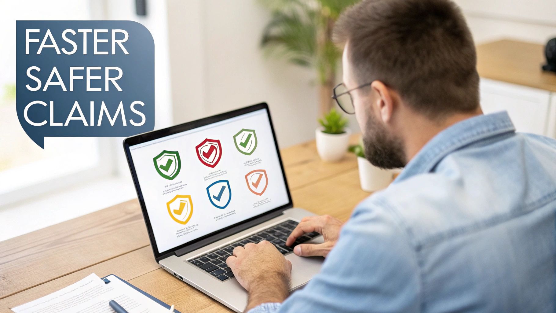 A man uses a laptop displaying various shield icons with checkmarks, next to text: FASTER SAFER CLAIMS.