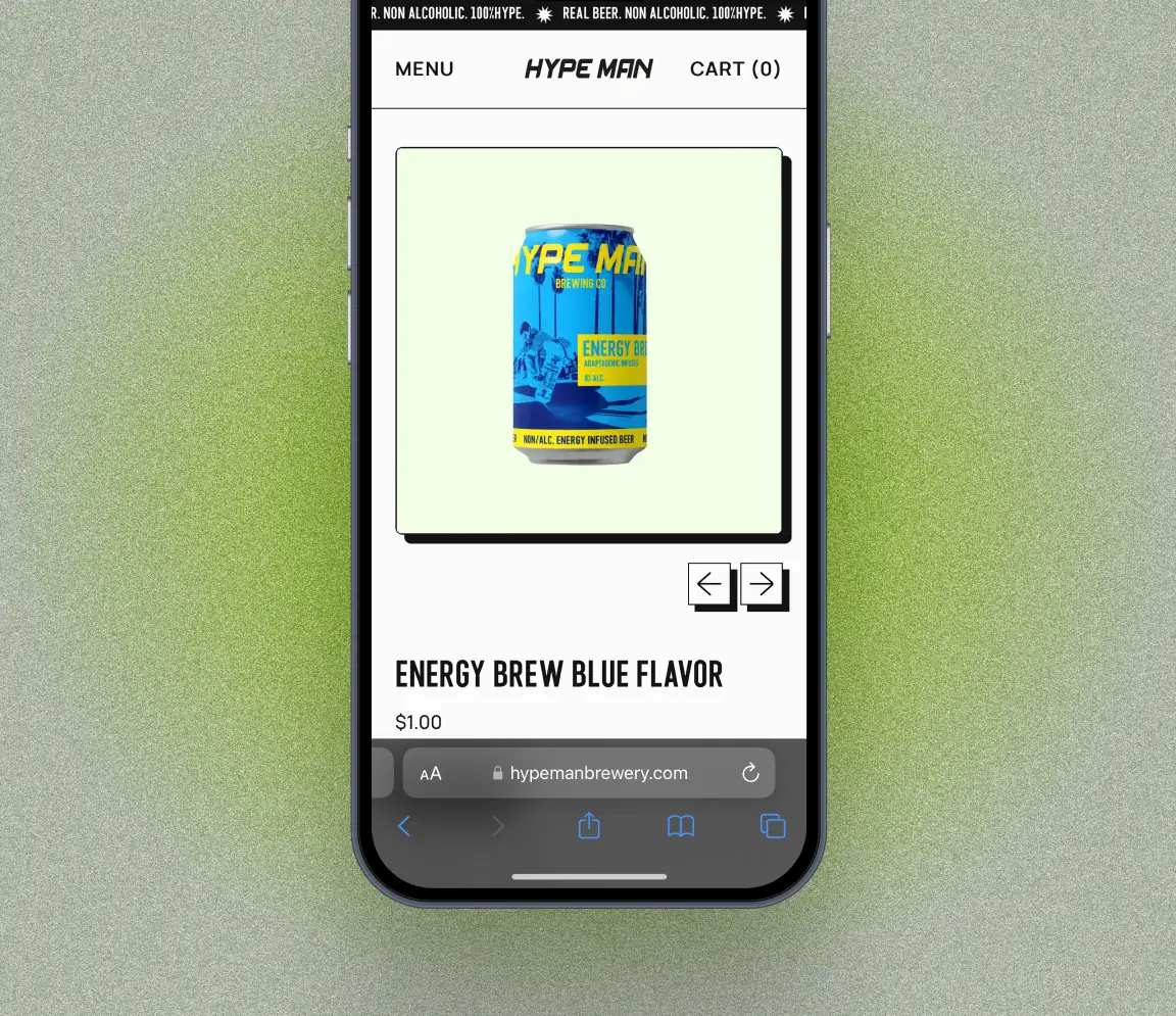 Mobile screen mockup displaying the Hypeman energy drink product page.