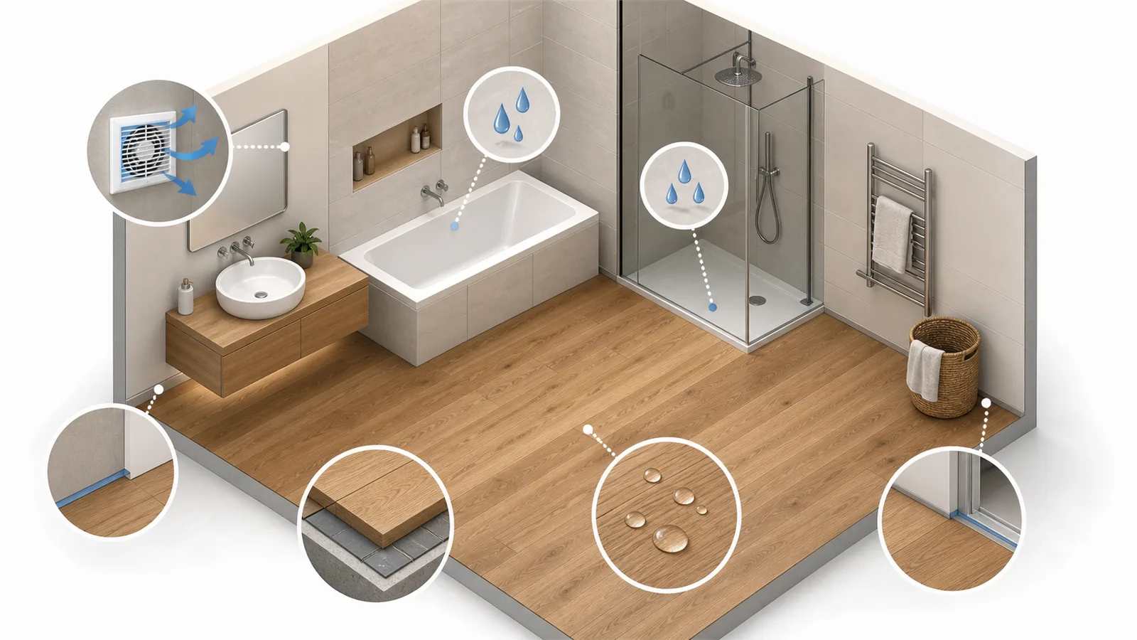 Schéma des points de vigilance pour un parquet en pièce humide