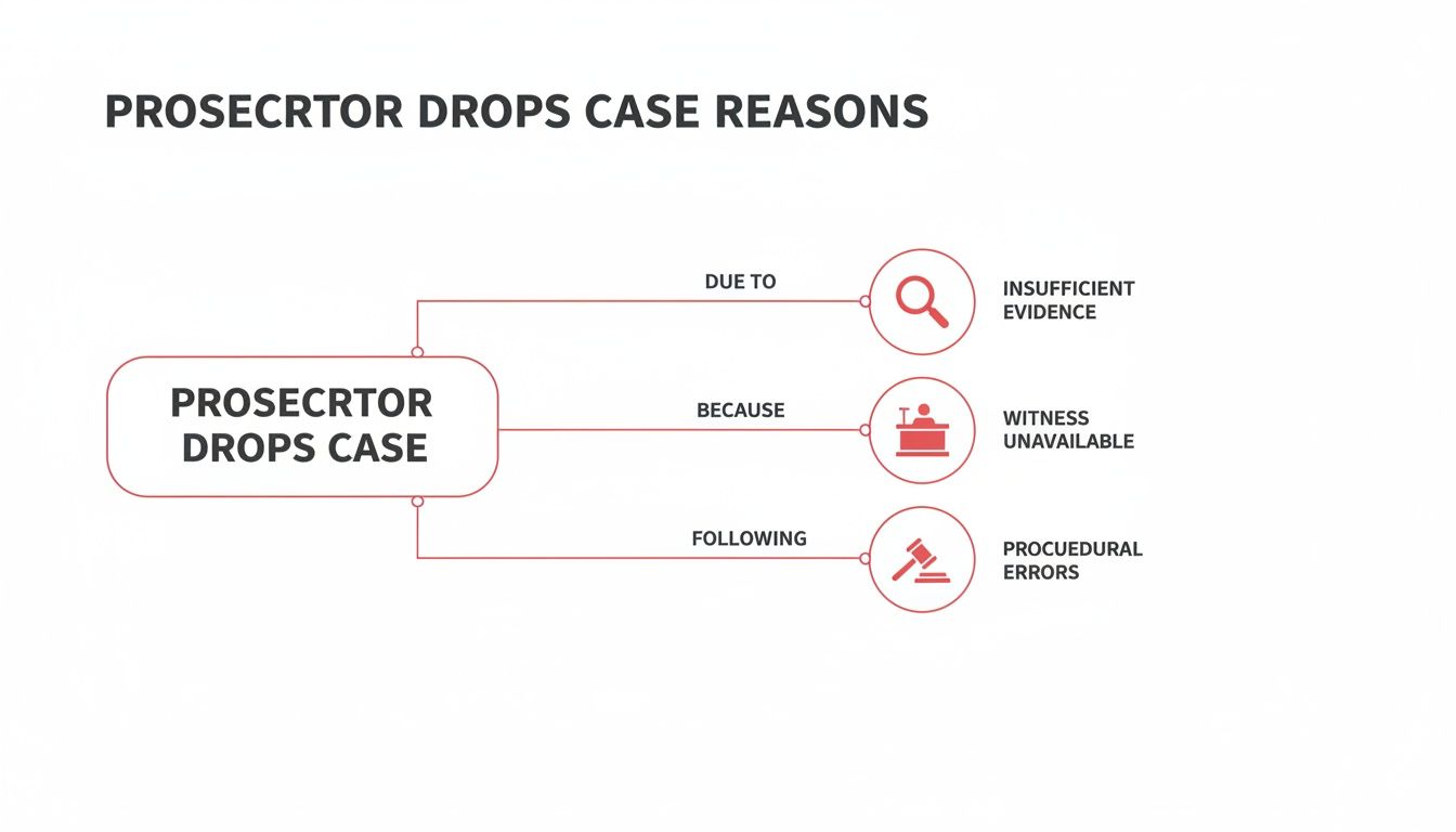 A flowchart detailing reasons why a prosecutor drops a case: insufficient evidence, unavailable witness, or procedural errors.