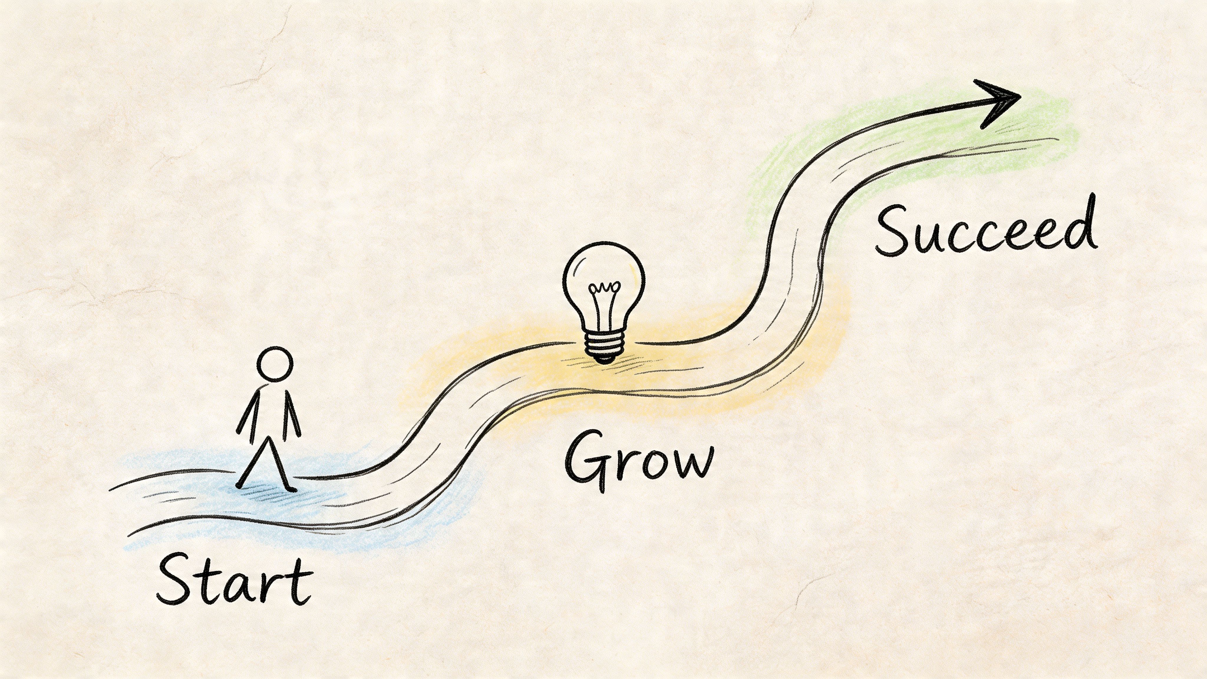 A hand-drawn illustration showing a person walking on a path labeled Start, Grow, and Succeed.