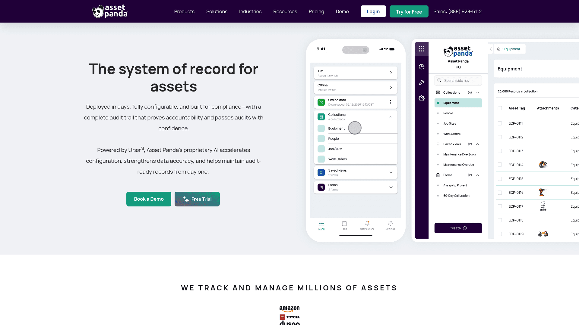 A screenshot of the Asset Panda homepage, a cloud-based asset tracking system.