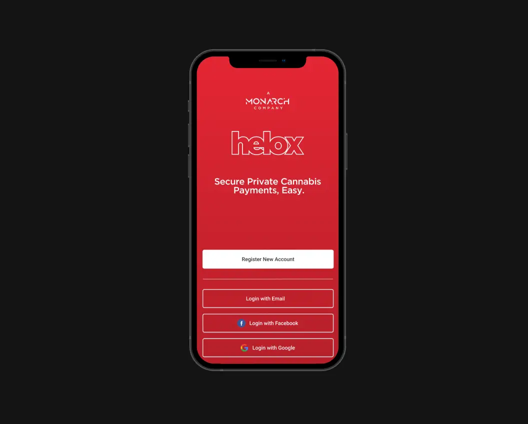 Helox payment app UI on a smartphone: Red screen with logo and tagline, showcasing secure private cannabis payment software development.