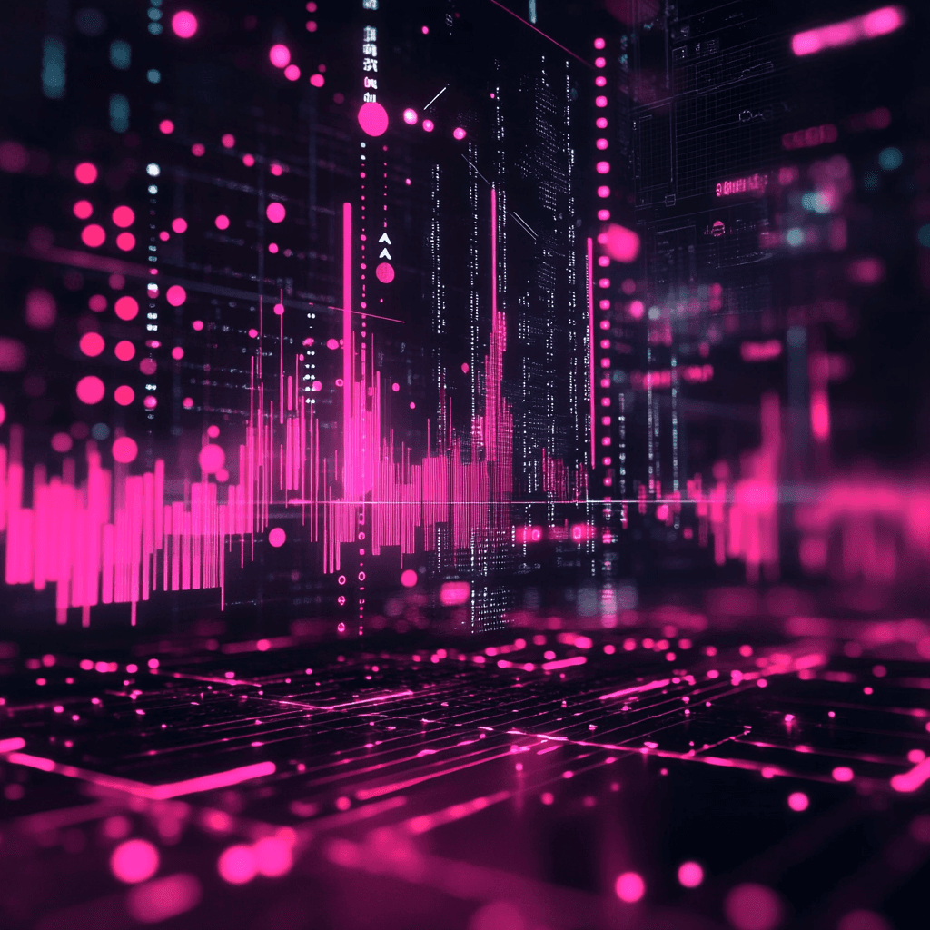 Futuristic digital landscape with glowing pink data lines, dots, and circuits on a dark background, conveying the AI trends in business.