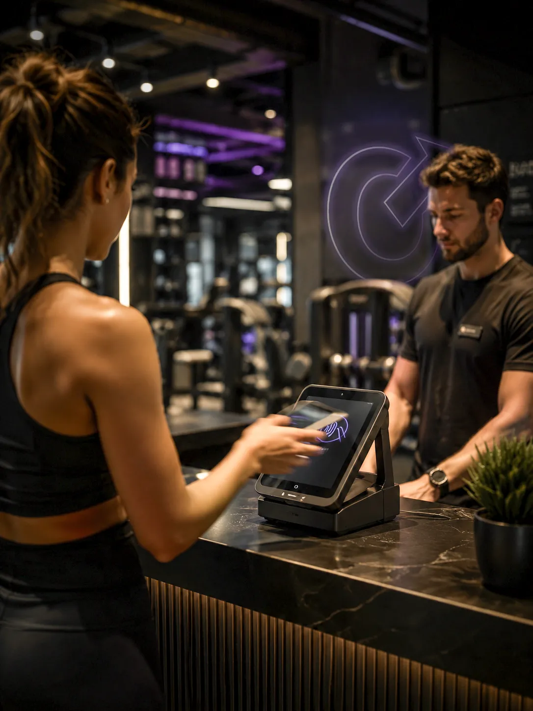Une cliente de gym en train de payer au bar a jus.