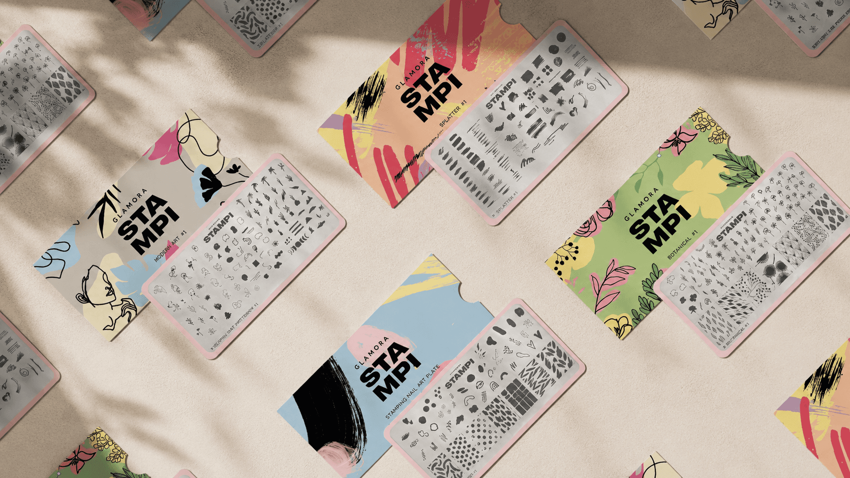 Glamora Stampi packaging balancing playful nail art with the parent brand identity
