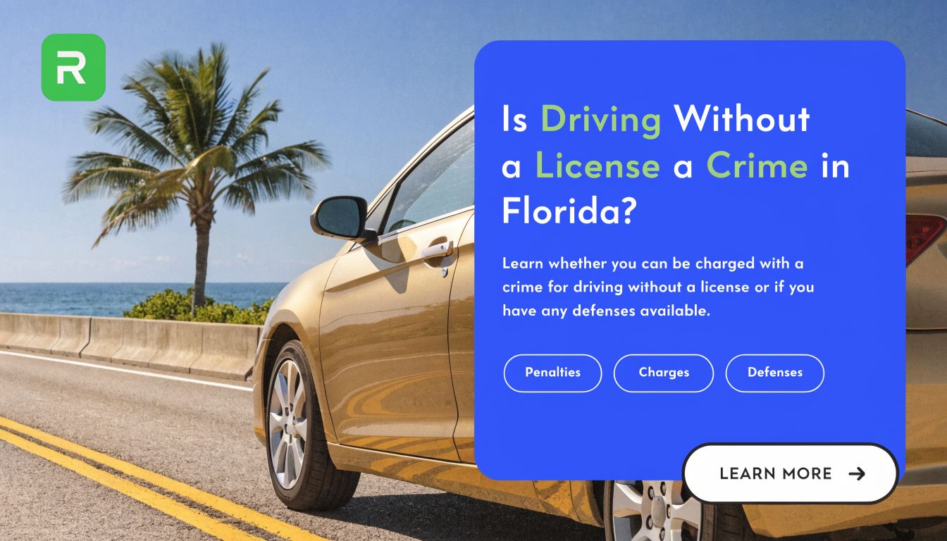 A golden car driving along a coastal road with text discussing driving without a license in Florida.