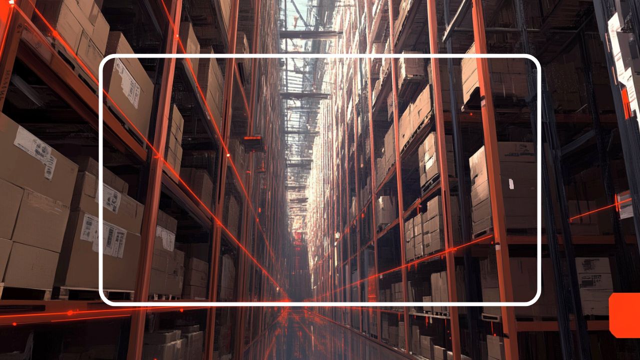 Vast warehouse with tall shelves stacked with boxes, scanned by red laser tracking systems