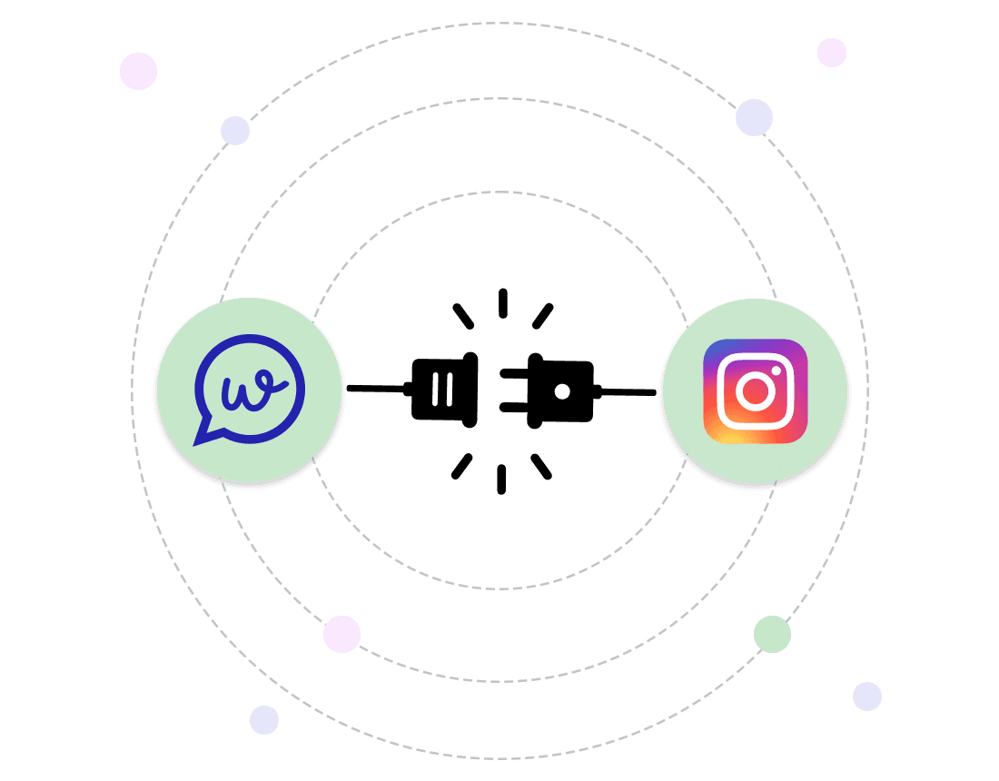 Digital illustration showing wapiio's logo and a instagram logo connected by a plug and socket icon, with a gray background and dotted circles, symbolizing integration between the two platforms
