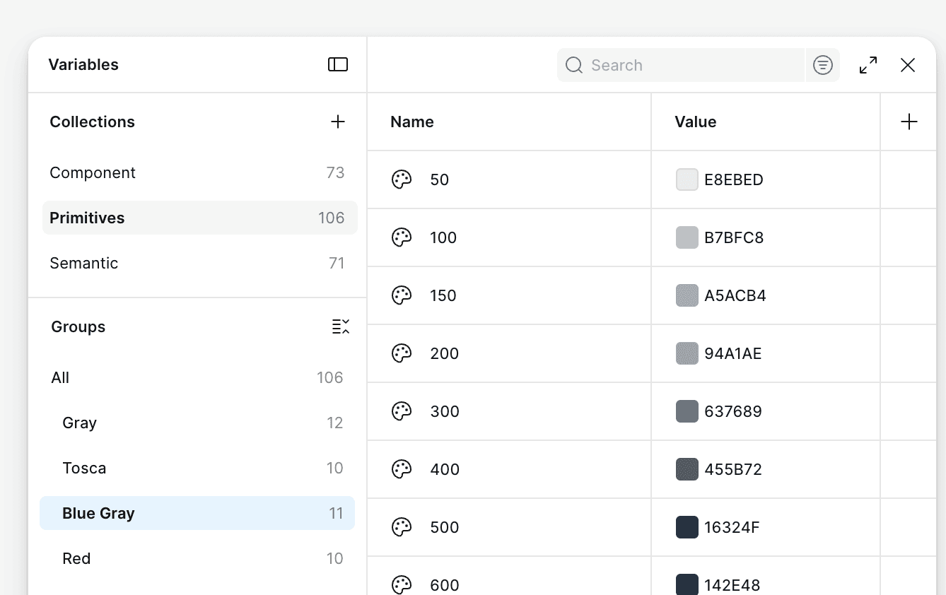 Figma example of tokens/variables