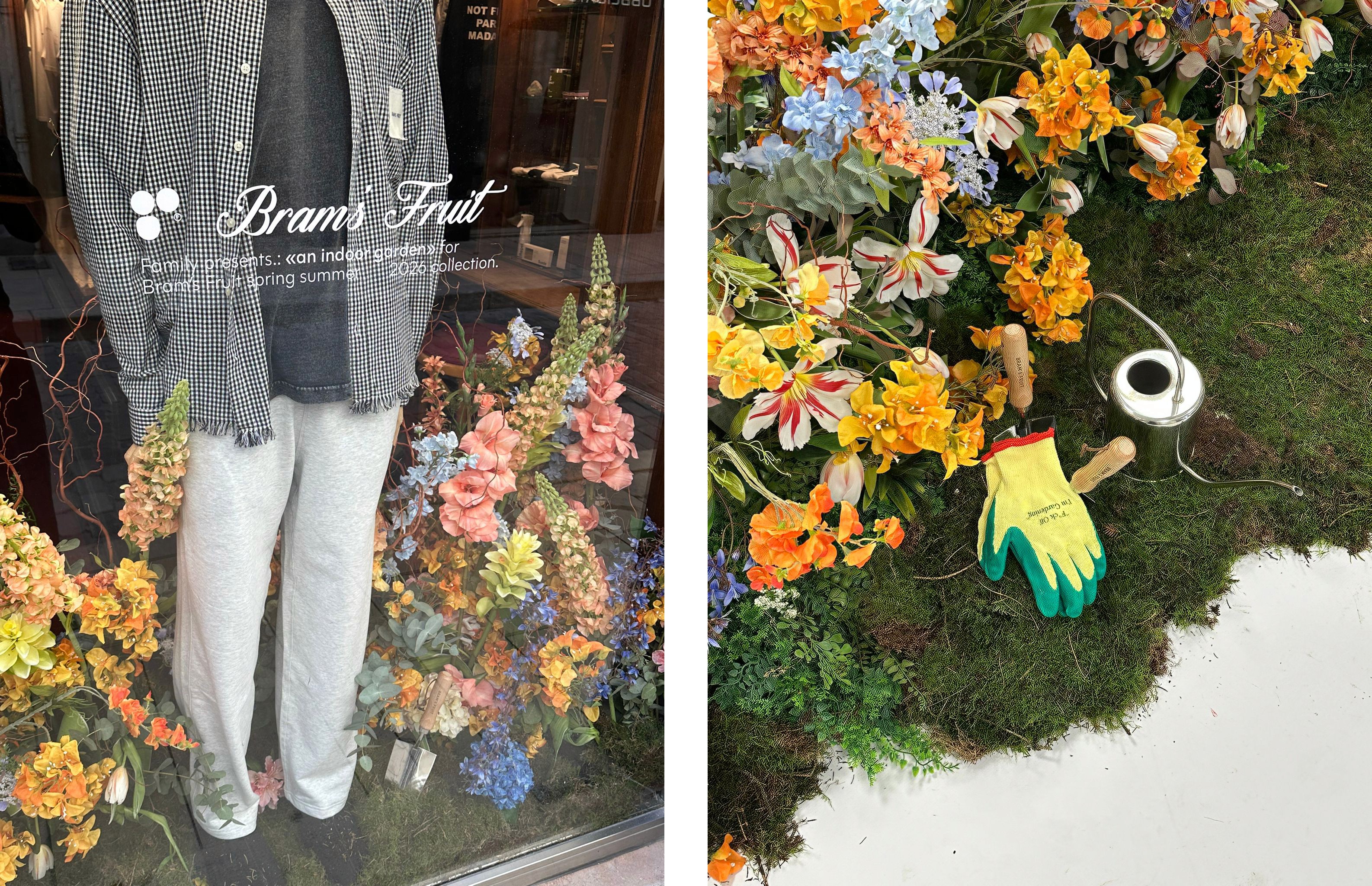 Vitrine "Bram's Fruit" remplis de fleurs et des gants de jardinage