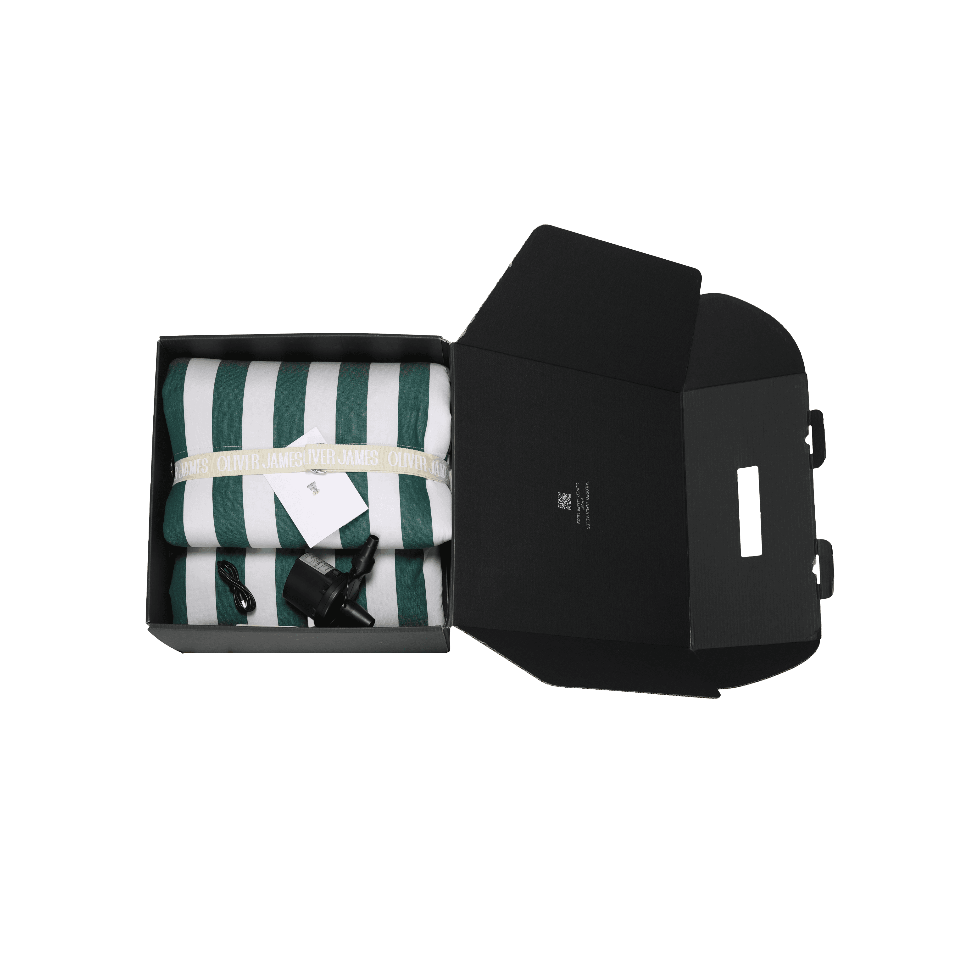 Green-and-white striped lilo folded in its structured black travel case with branded label and securing straps