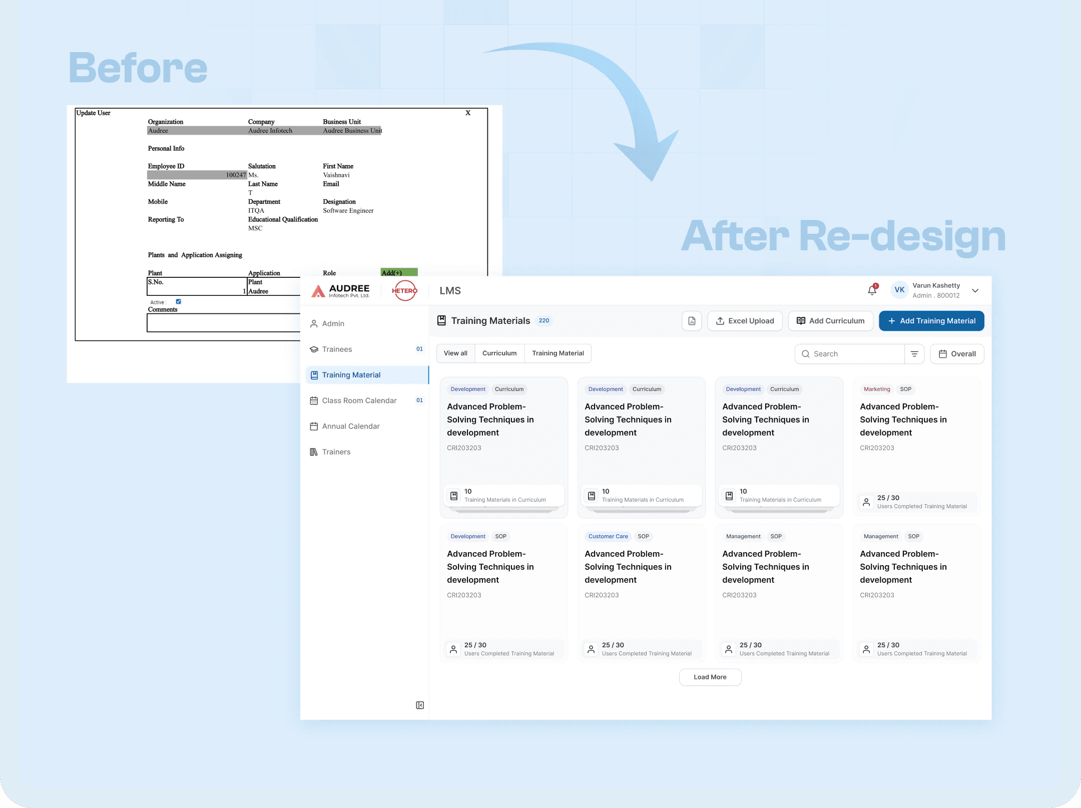 LMS software old and new redesign screens