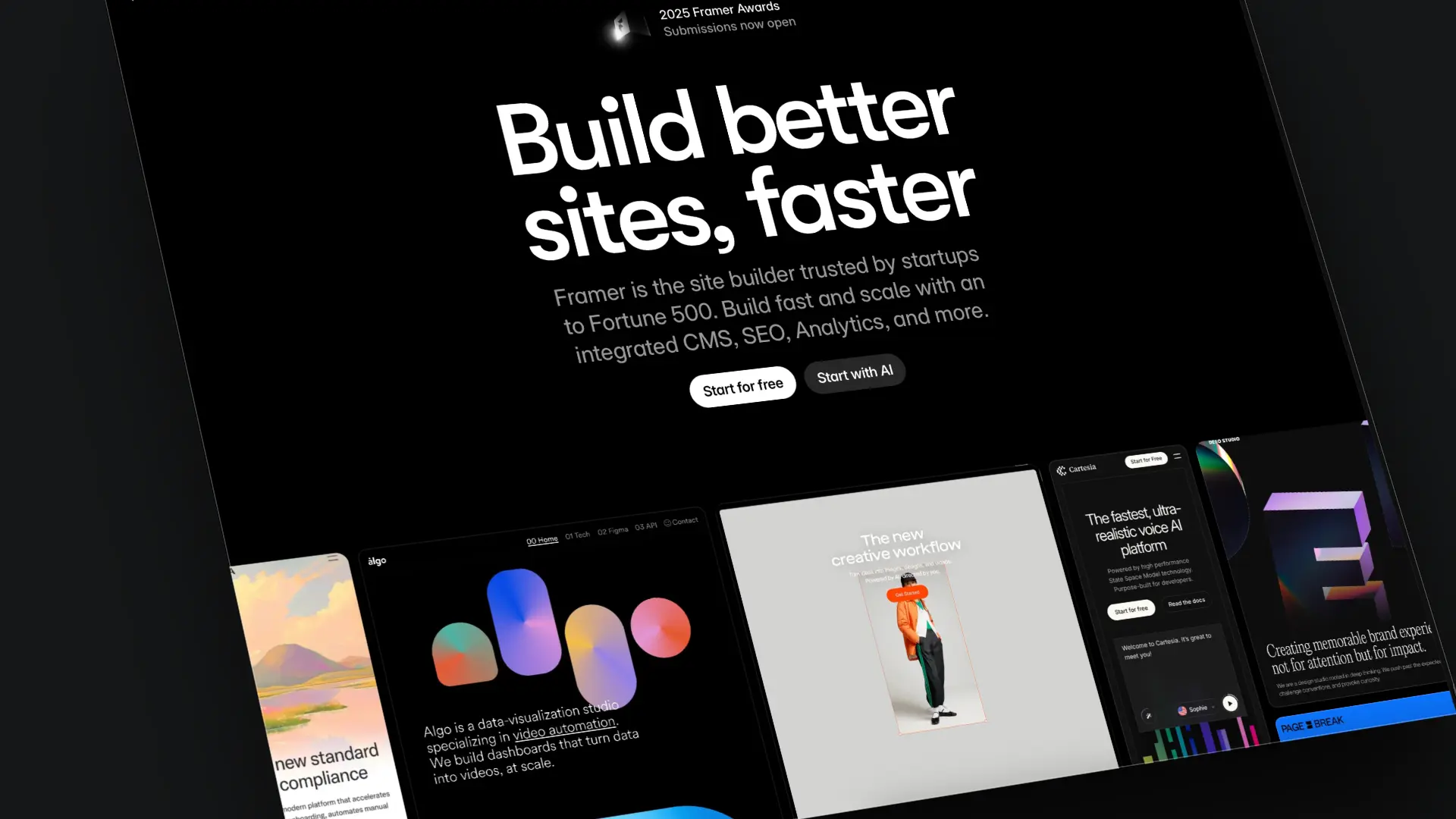 Hero section of the Framer website highlighting fast, high-performance website building with integrated CMS, SEO, and design tools.