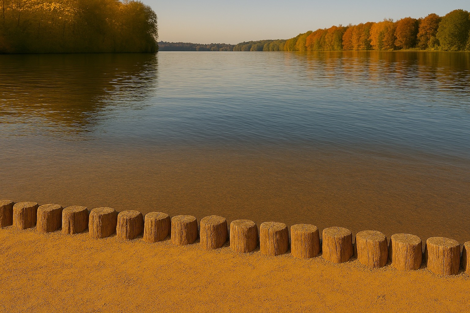 See und Uferzone mit Robinienholz Palisaden