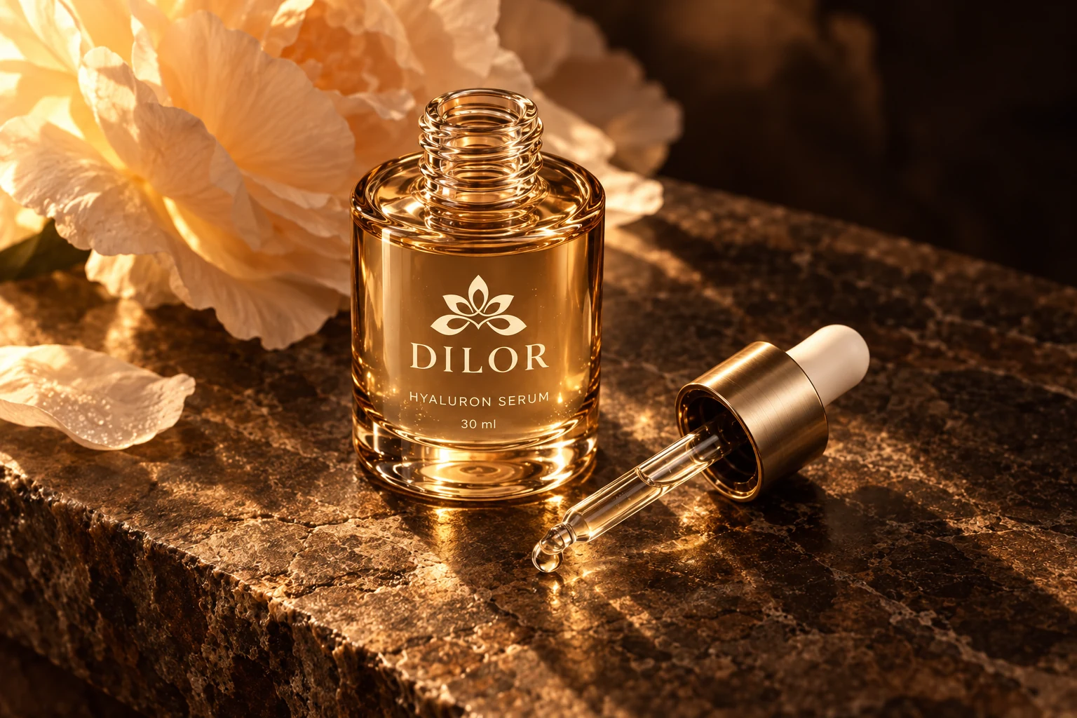 Dilor hyaluron serum with pipette and a clear drop in warm light