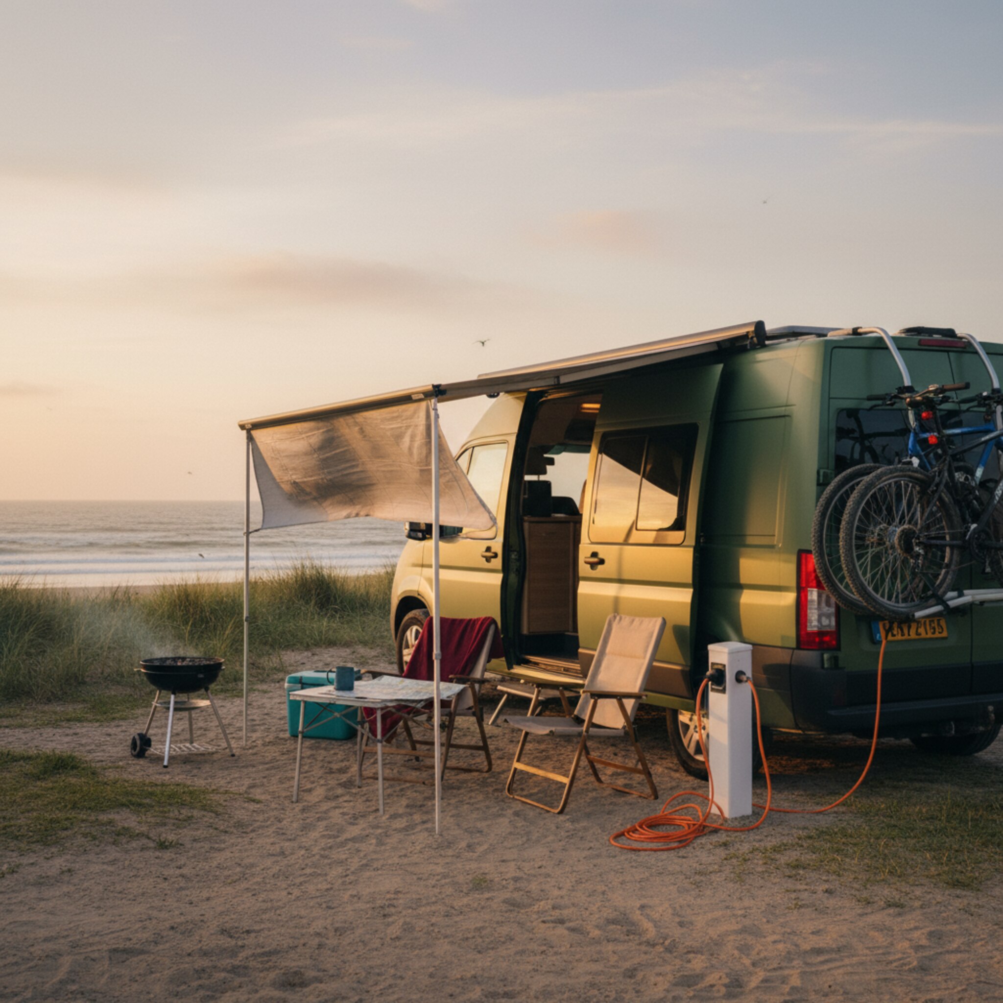 Ein Camper steht auf einem Küstenstellplatz, zwei Campingstühle blicken aufs Meer. Ein Fahrradträger mit zwei Rädern ist montiert, ein Grill glimmt leise aus. Der Himmel färbt sich abends warm, eine leichte Brise bewegt die Markise. Ein sauber zusammengelegtes Stromkabel liegt neben dem Stromanschluss.