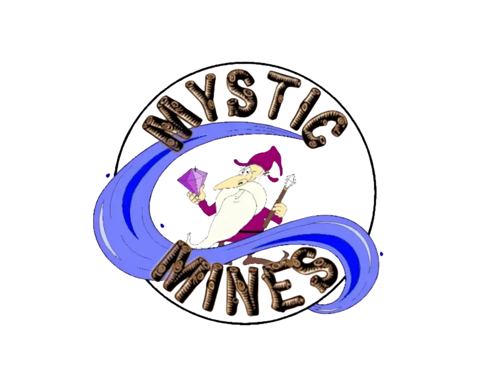 Image of a whimsical cartoon wizard holding a purple crystal and staff, framed by a flowing blue wave and surrounded by the words "Mystic Mines," suggesting a mystical or fantasy-themed attraction in Bradenton, FL.