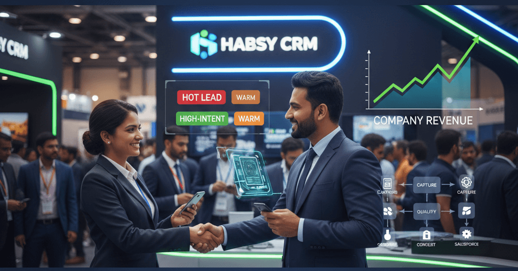 rade show cover image: salesperson at bustling 2026 Indian expo booth scanning business card with Habsy AI app during handshake, digital overlays showing lead scores, revenue graphs, and CRM pipeline flow amid vibrant crowds and spotlights.