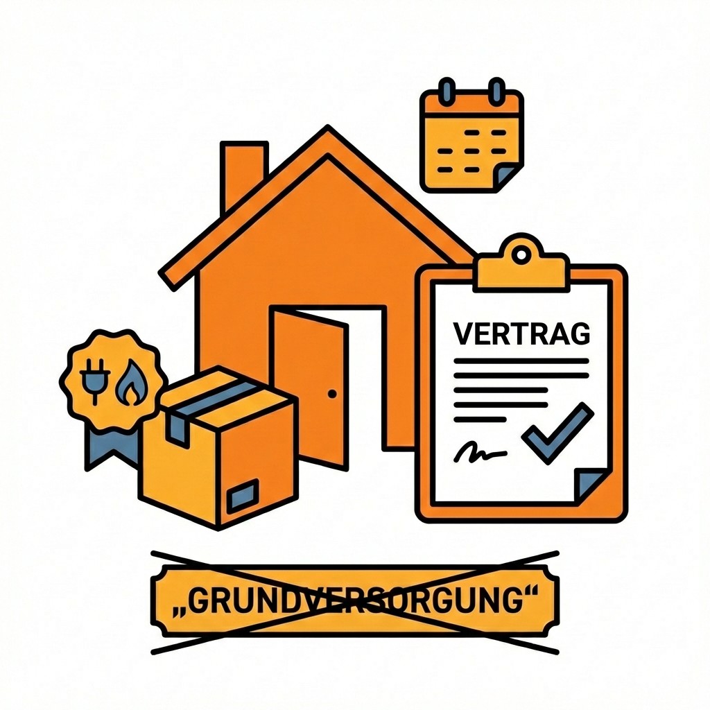Illustration von Haus, Vertrag, Kalender und Karton. Der Text „Grundversorgung“ ist durchgestrichen.