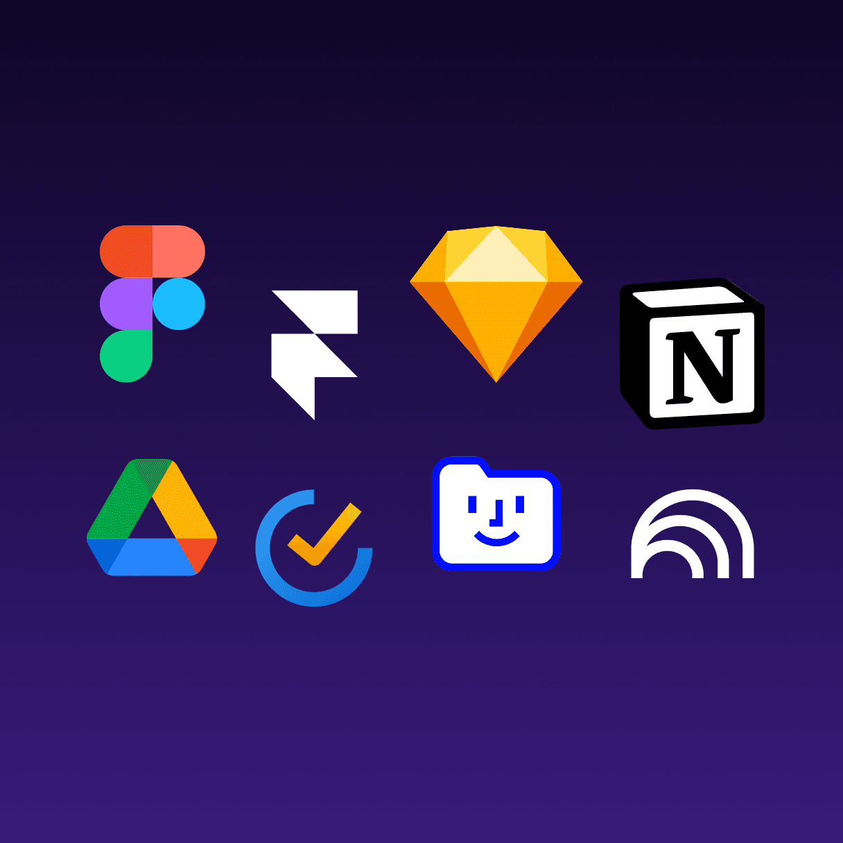 Illustration of eight colorful app logos on a dark purple background, representing design and productivity tools: Figma, Framer, Sketch, Notion, Google Drive, TickTick, Fabric, and NotebookLM