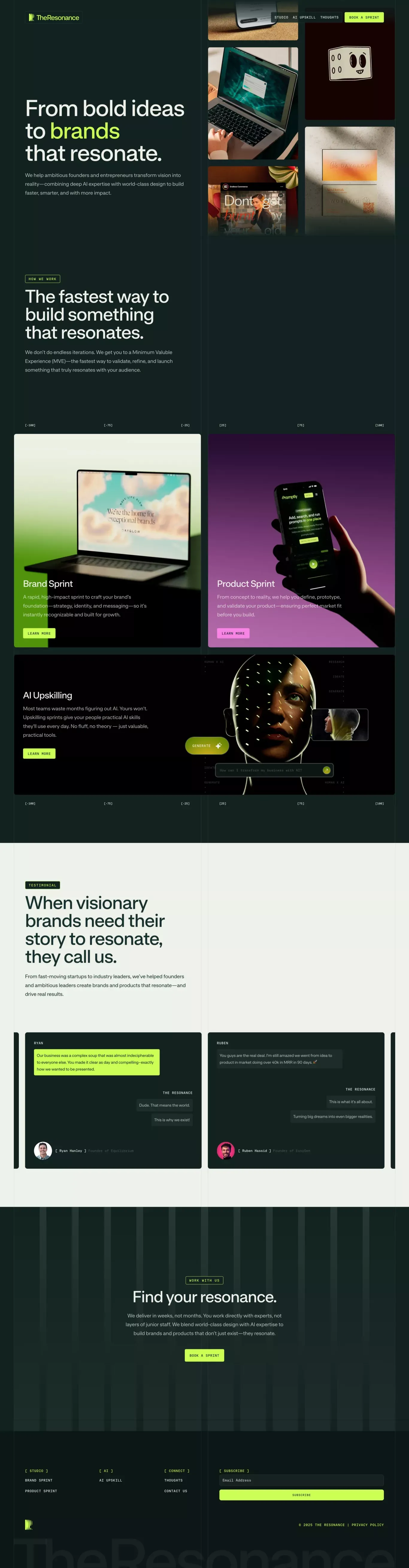 Resonance Studio landing page screenshot showcasing AI and Design design