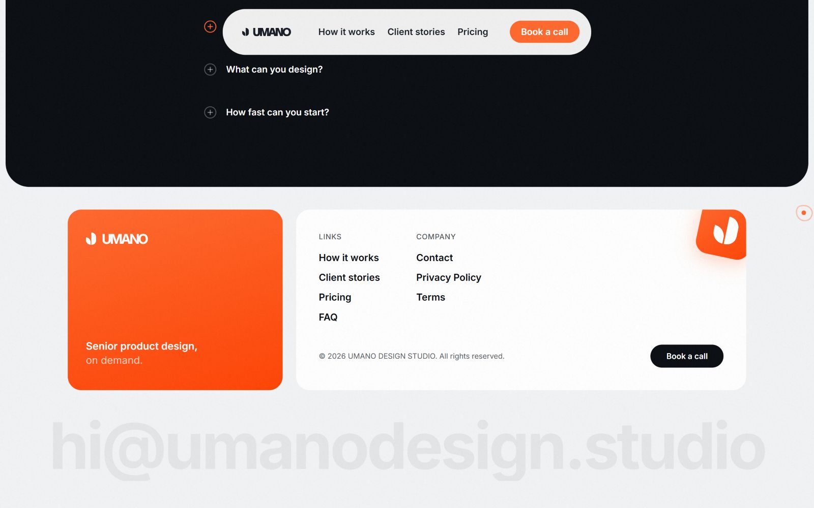 Footer with orange and black theme. Umano logo, site links, and contact info. Visible text: "Senior product design, on demand.